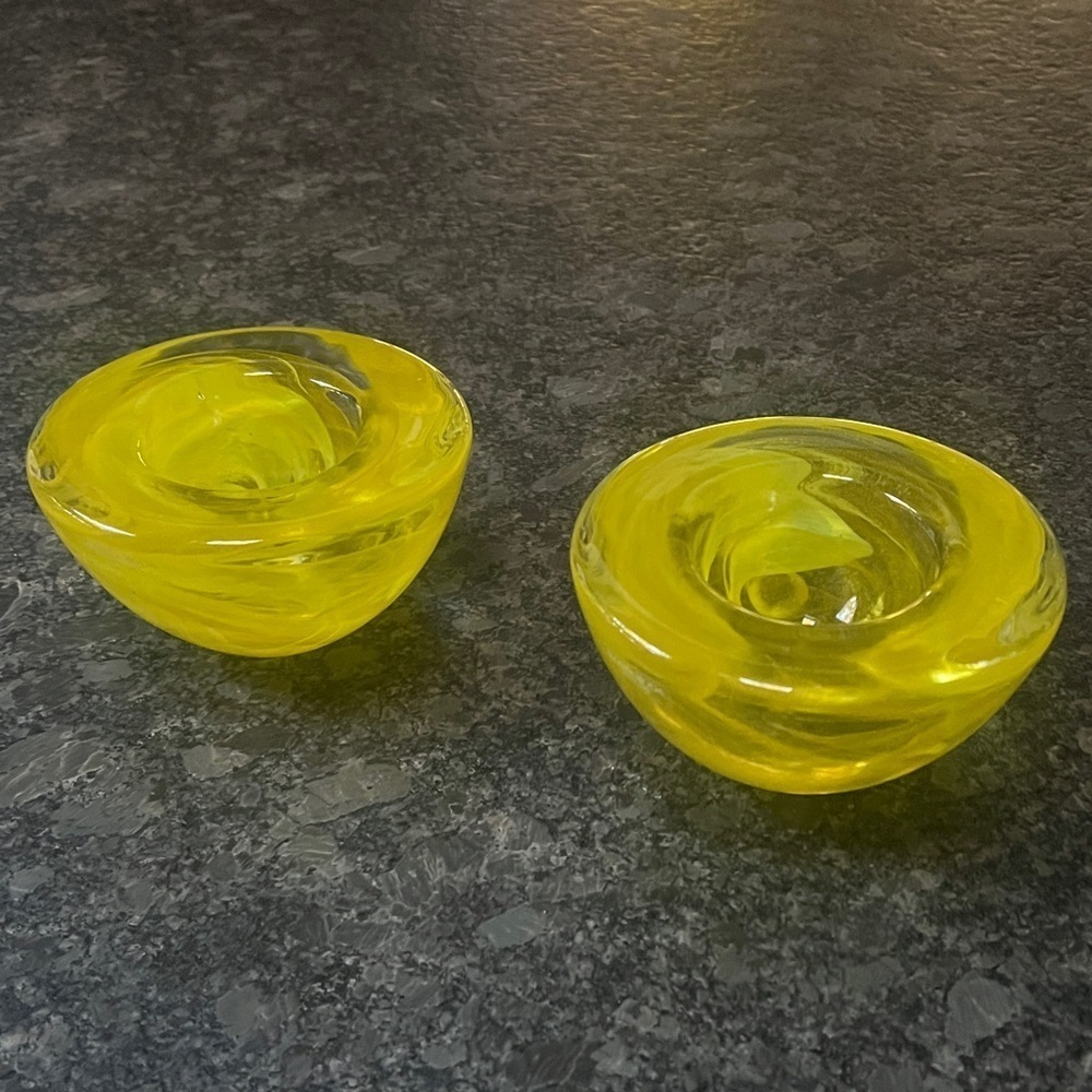 Set of 2 Kosta Boda Atoll Yellow Swirled Art Glass Candle Votives by Anna Ehrner